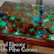 Wood And Epoxy Resin Table With Pine Cones And LED