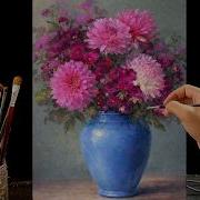 Painting Pink Chrysanthemum Flowers In A Blue Vase Relaxing Acrylic Still Life Tutorial 159