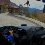Bus Driving Uphill Alpin Moutains France 4K